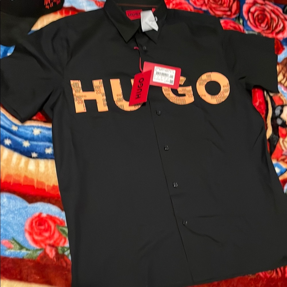 HUGO Black and Orange Casual Button Down Shirt